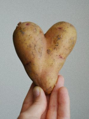 Heart-shaped potato in a person's hand